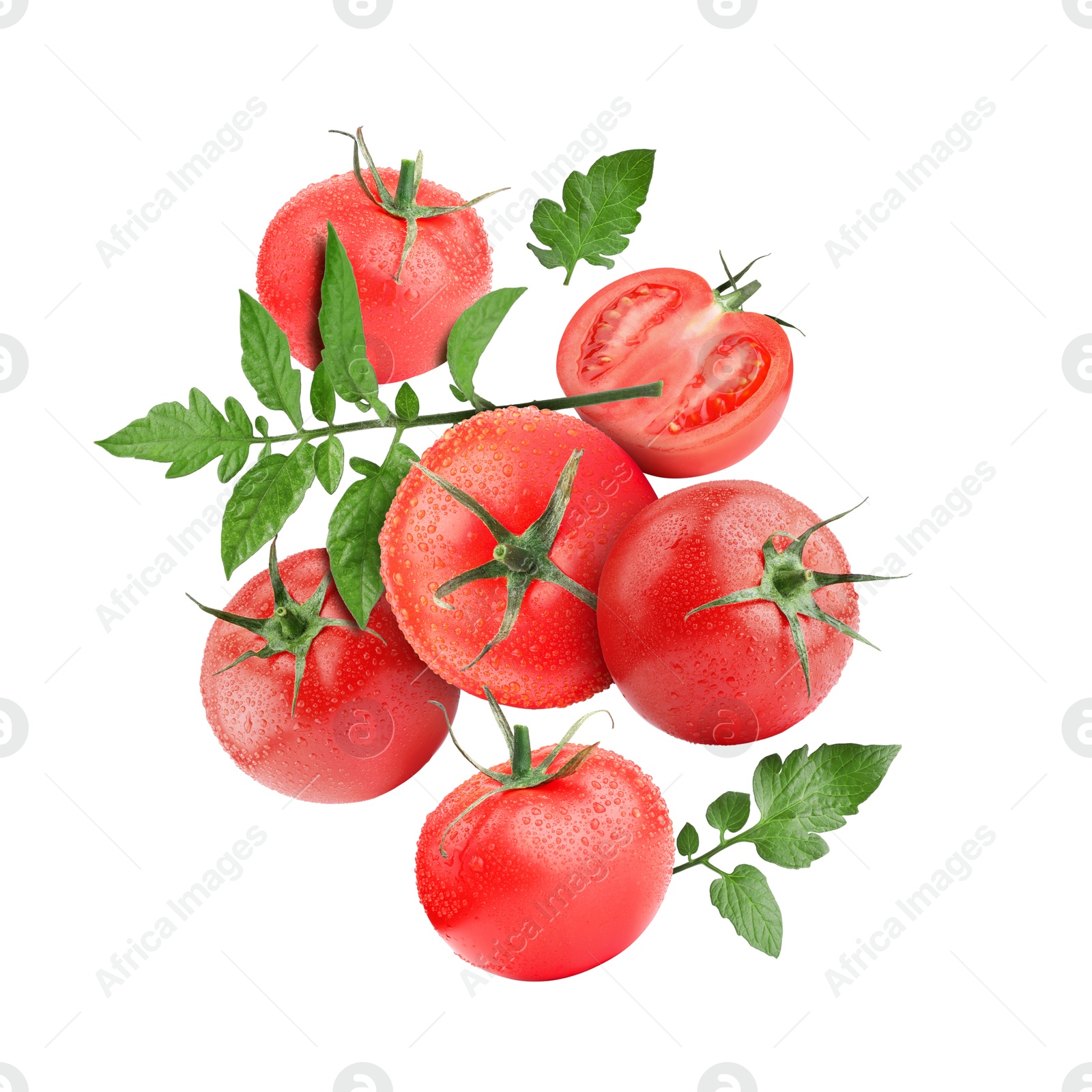 Image of Fresh tomatoes with green leaves in air on white background