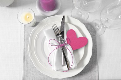 Image of Table setting for romantic Valentine's day celebration, top view