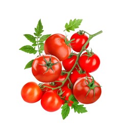 Image of Fresh tomatoes with green leaves in air on white background