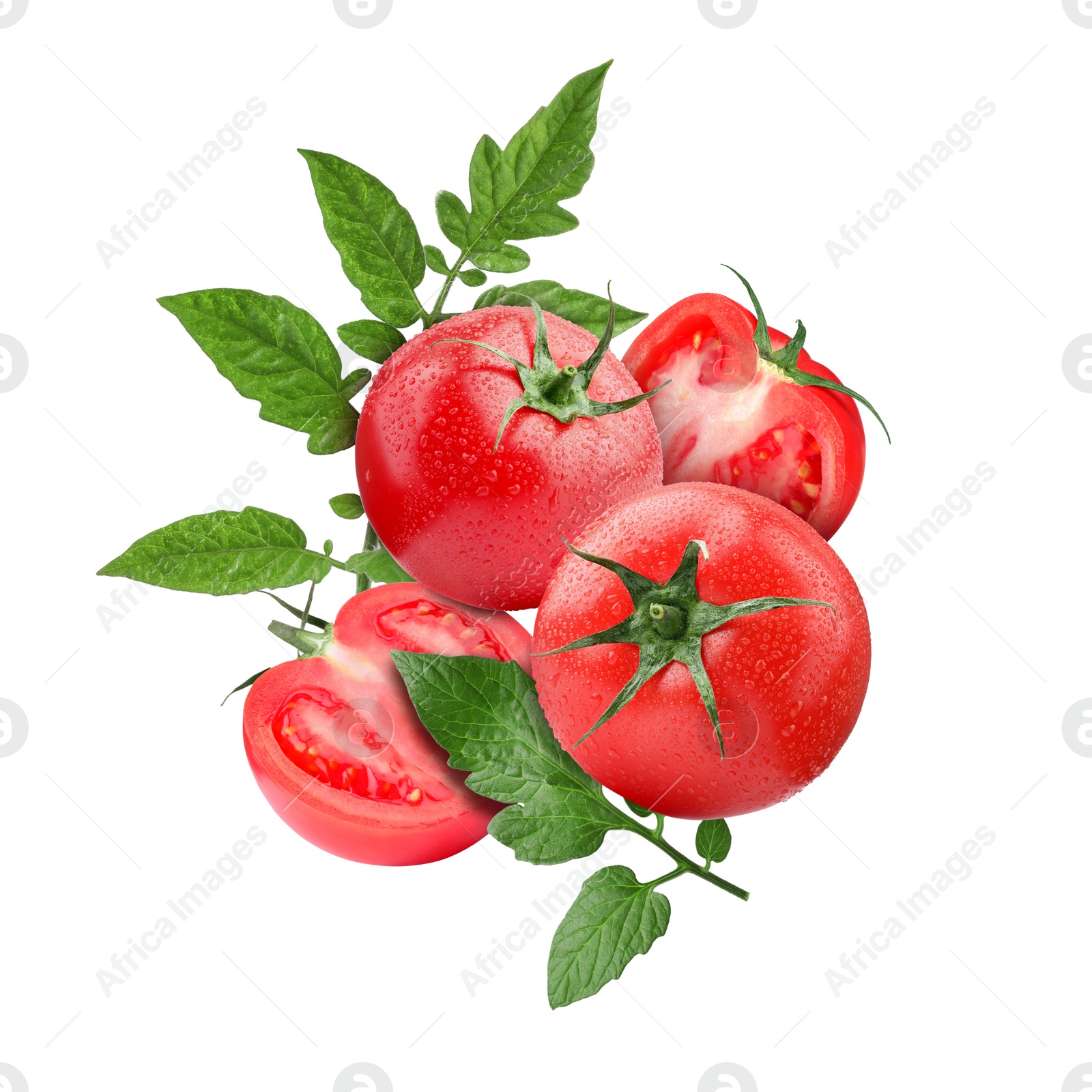 Image of Fresh tomatoes with green leaves in air on white background