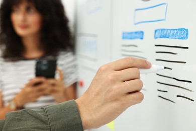 Developing UI design. Man and woman drawing website wireframe on whiteboard indoors, selective focus