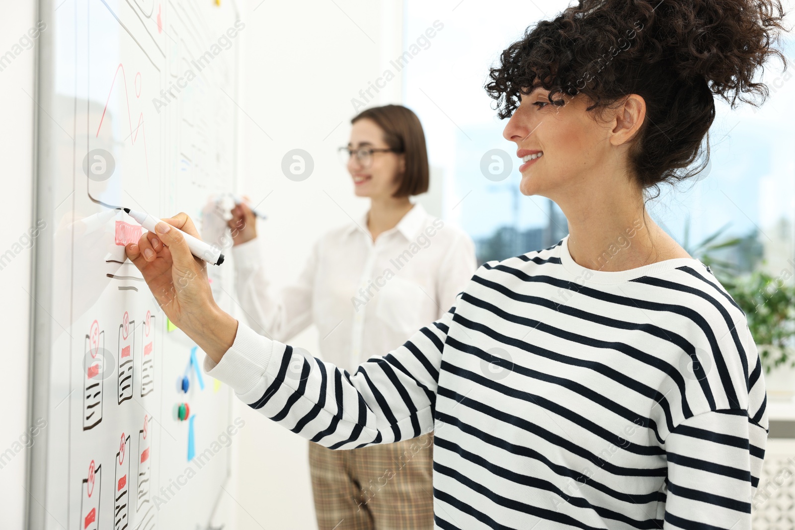 Photo of Developing UI design. Women drawing website wireframe on whiteboard indoors