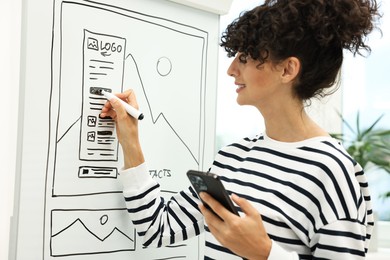 Developing UI design. Woman drawing website wireframe on whiteboard indoors