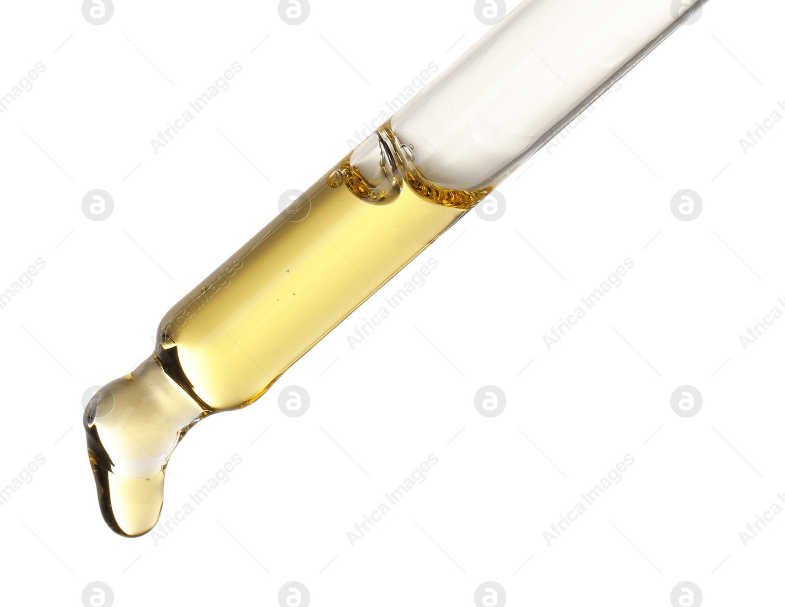 Photo of Essential oil dripping from pipette against white background