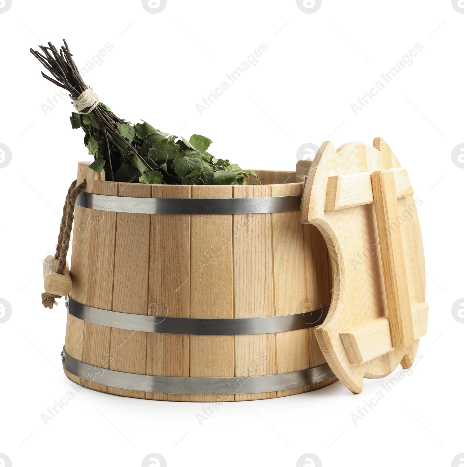 Photo of Sauna whisk in bucket isolated on white