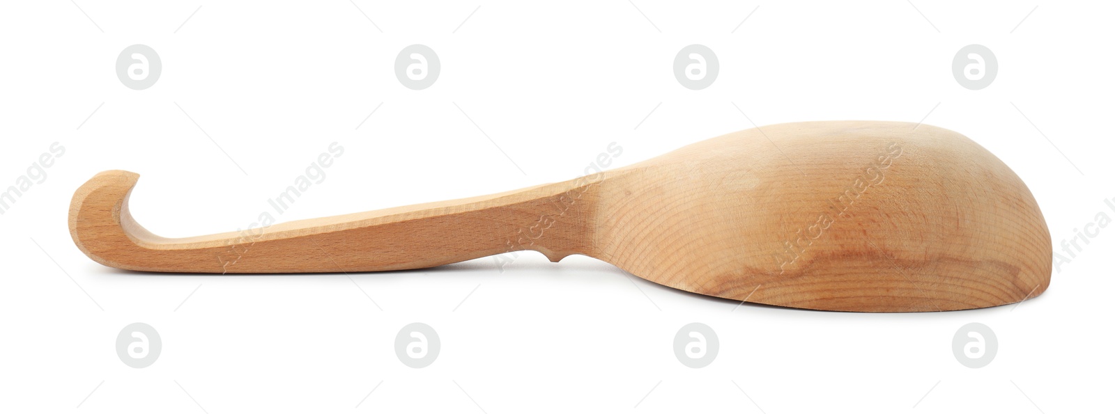 Photo of Sauna equipment. Wooden ladle isolated on white