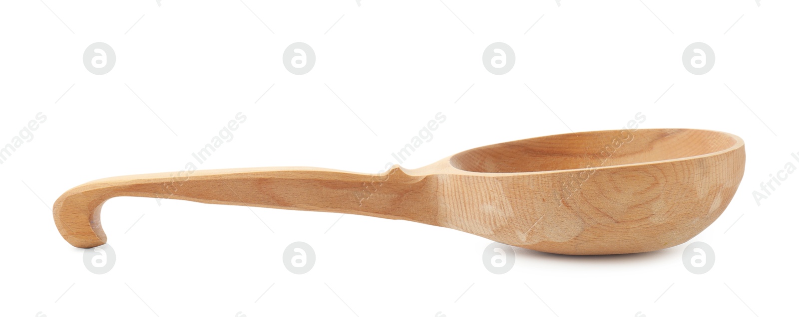 Photo of Sauna equipment. Wooden ladle isolated on white