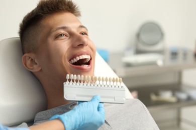 Doctor checking young man's teeth color in clinic, closeup. Dental veneers