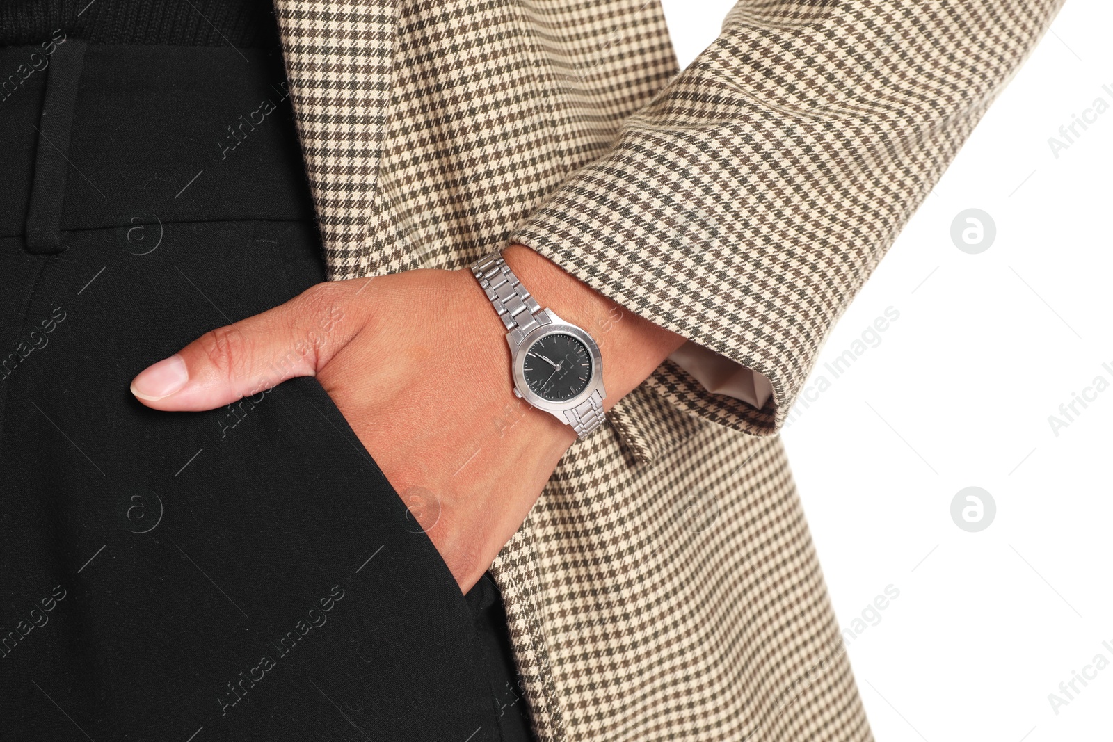 Photo of Woman in stylish jacket on white background, closeup