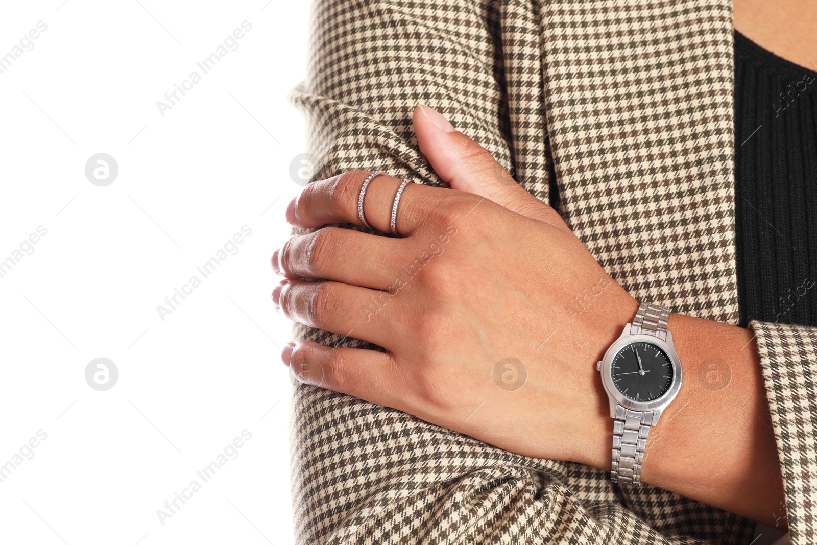 Photo of Woman in stylish jacket on white background, closeup