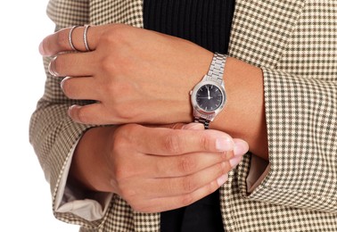 Photo of Woman in stylish jacket on white background, closeup