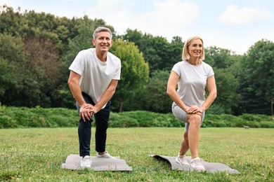 Photo of Happy couple doing exercises in park. Healthy lifestyle