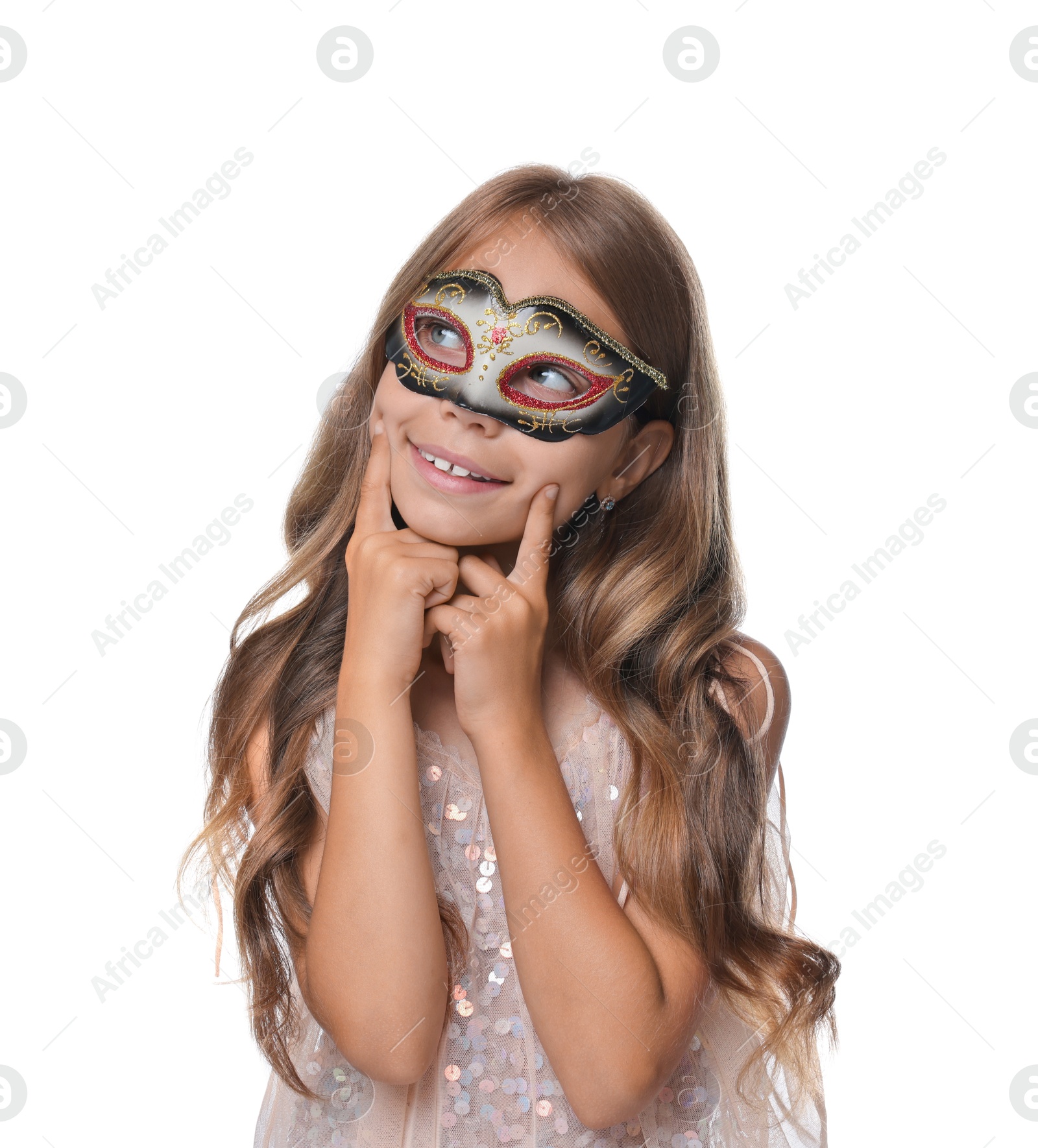 Photo of Cute girl wearing carnival mask on white background