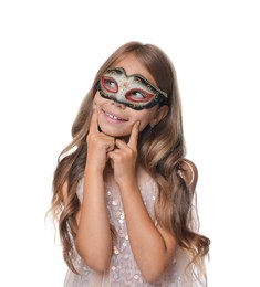 Photo of Cute girl wearing carnival mask on white background