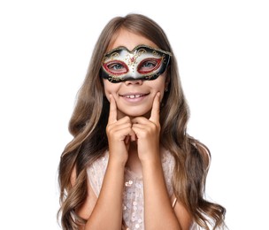 Photo of Cute girl wearing carnival mask on white background