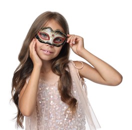 Photo of Cute girl wearing carnival mask on white background