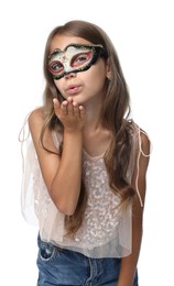 Cute girl wearing carnival mask and blowing kiss on white background