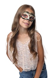 Cute girl wearing carnival mask on white background