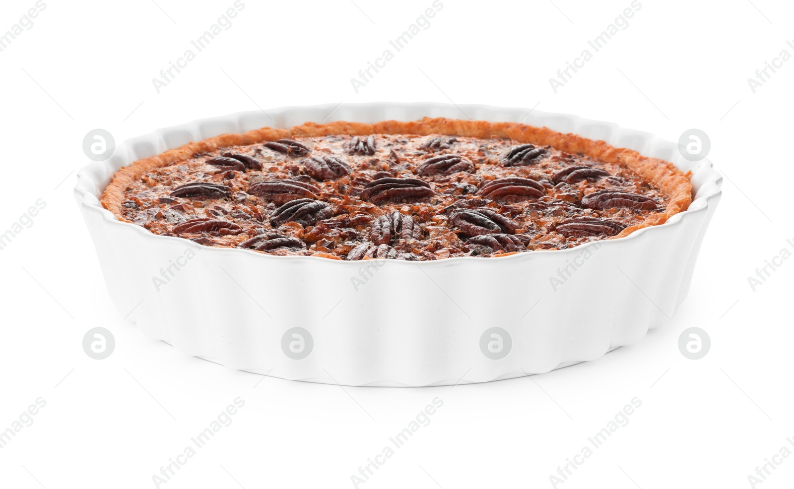 Photo of Delicious pecan pie in baking dish isolated on white