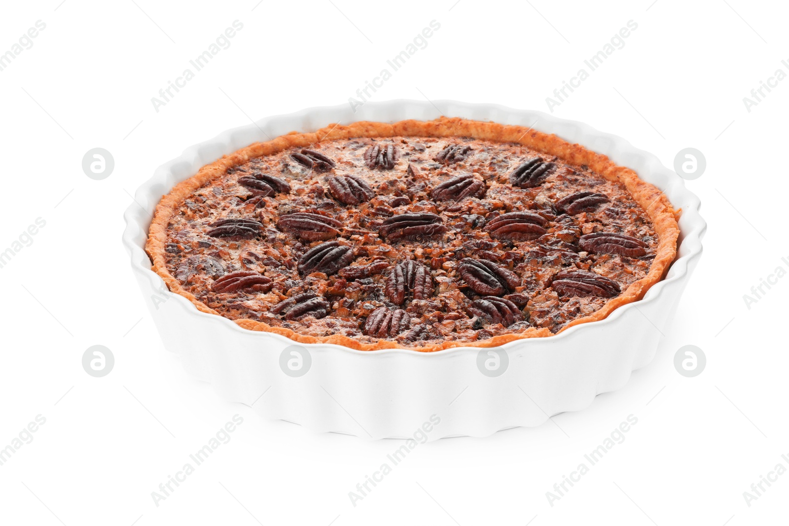 Photo of Delicious pecan pie in baking dish isolated on white