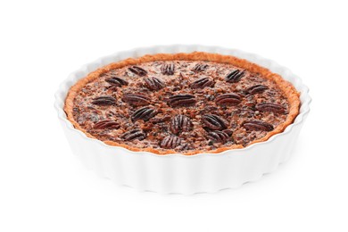 Photo of Delicious pecan pie in baking dish isolated on white