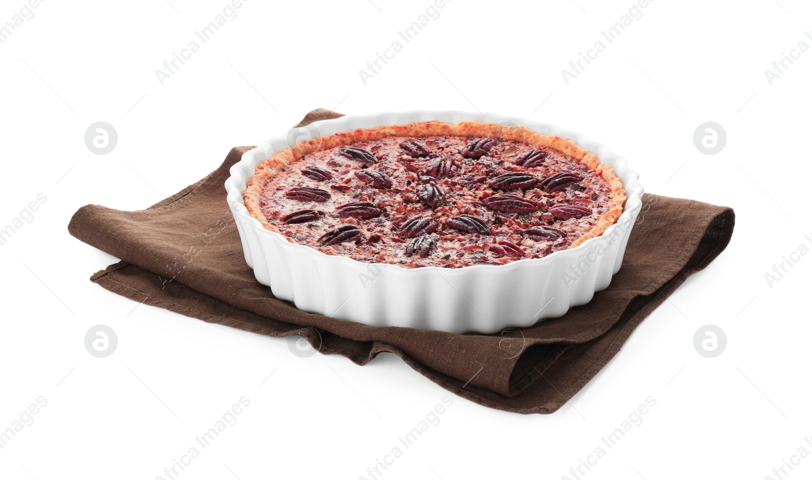 Photo of Delicious pecan pie in baking dish isolated on white