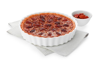 Photo of Delicious pecan pie in baking dish and bowl with fresh nuts isolated on white