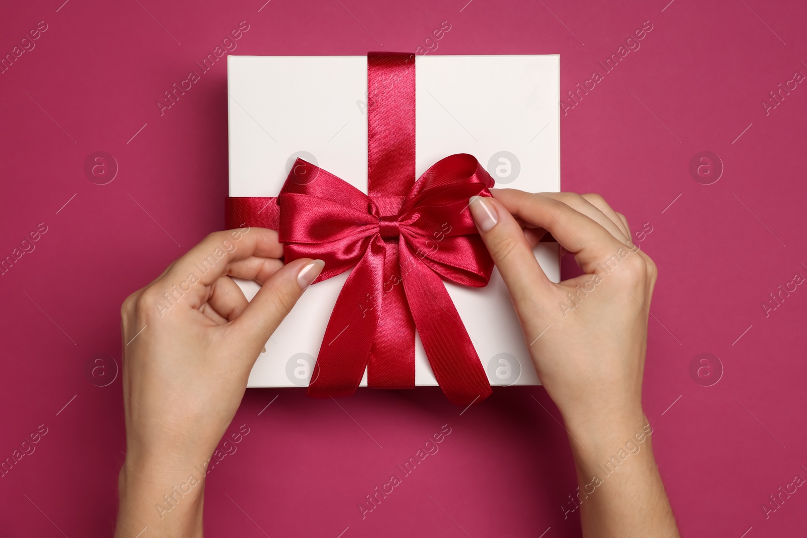 Photo of Woman decorating gift box with bow on dark rose background, top view