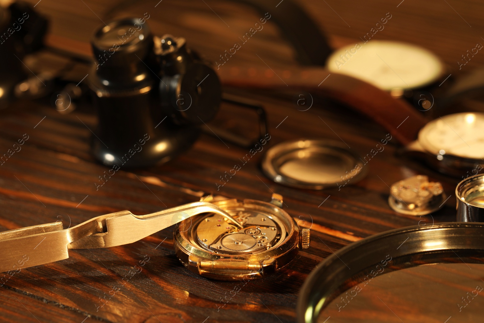 Photo of Mechanism of vintage wrist watch and tool on wooden table, closeup