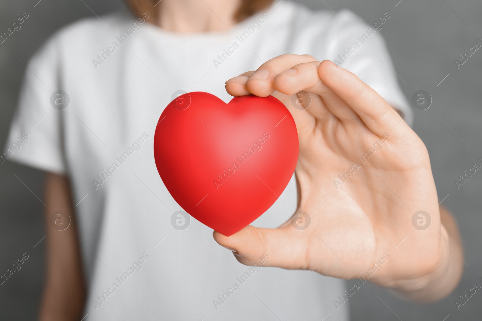 Photo of Woman holding red heart on grey background, closeup