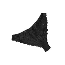 Photo of Elegant black lace women's panties isolated on white, top view