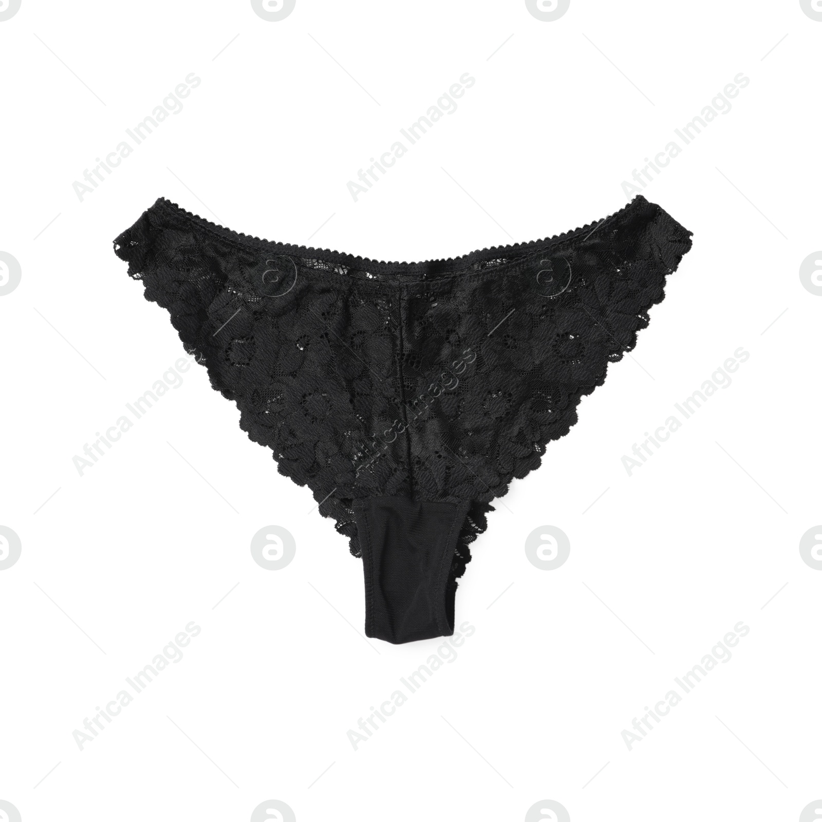 Photo of Elegant black lace women's panties isolated on white, top view