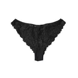 Elegant black lace women's panties isolated on white, top view