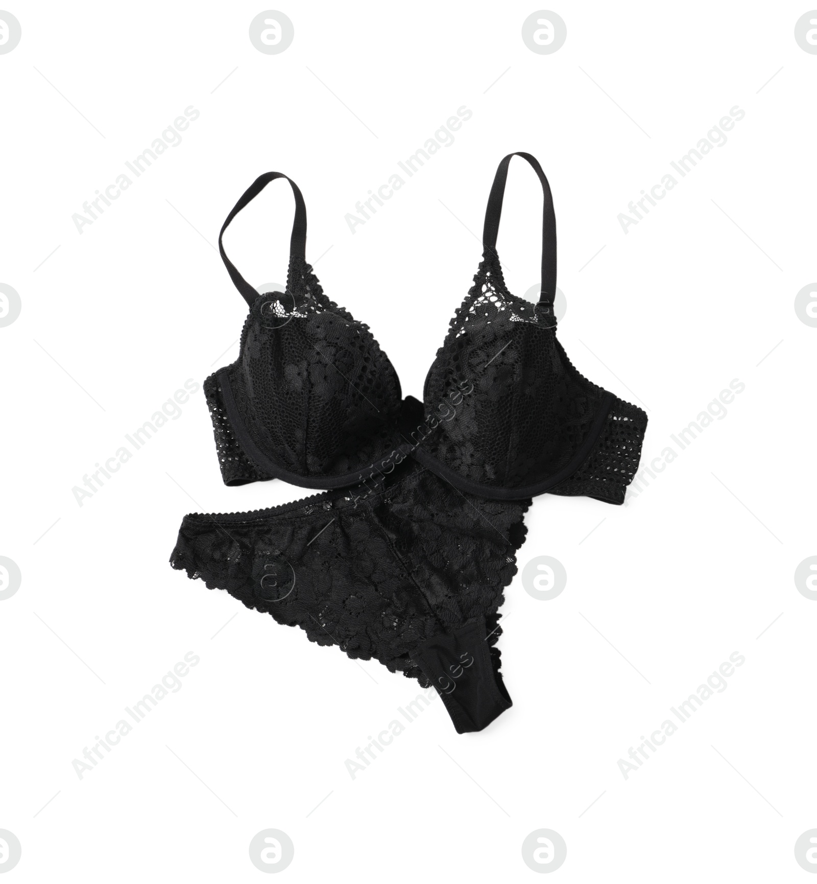 Photo of Elegant black lace women's underwear isolated on white, top view