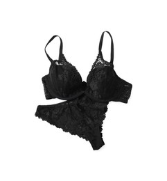 Elegant black lace women's underwear isolated on white, top view