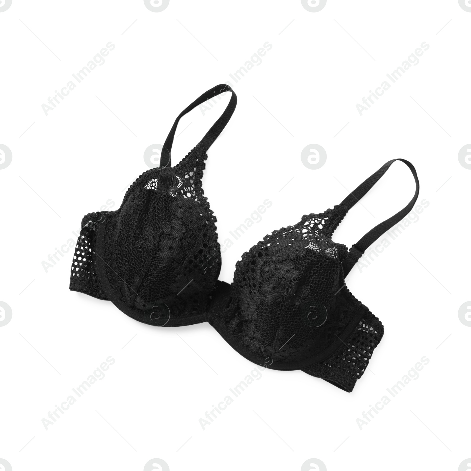 Photo of Elegant black lace women's underwear isolated on white, top view