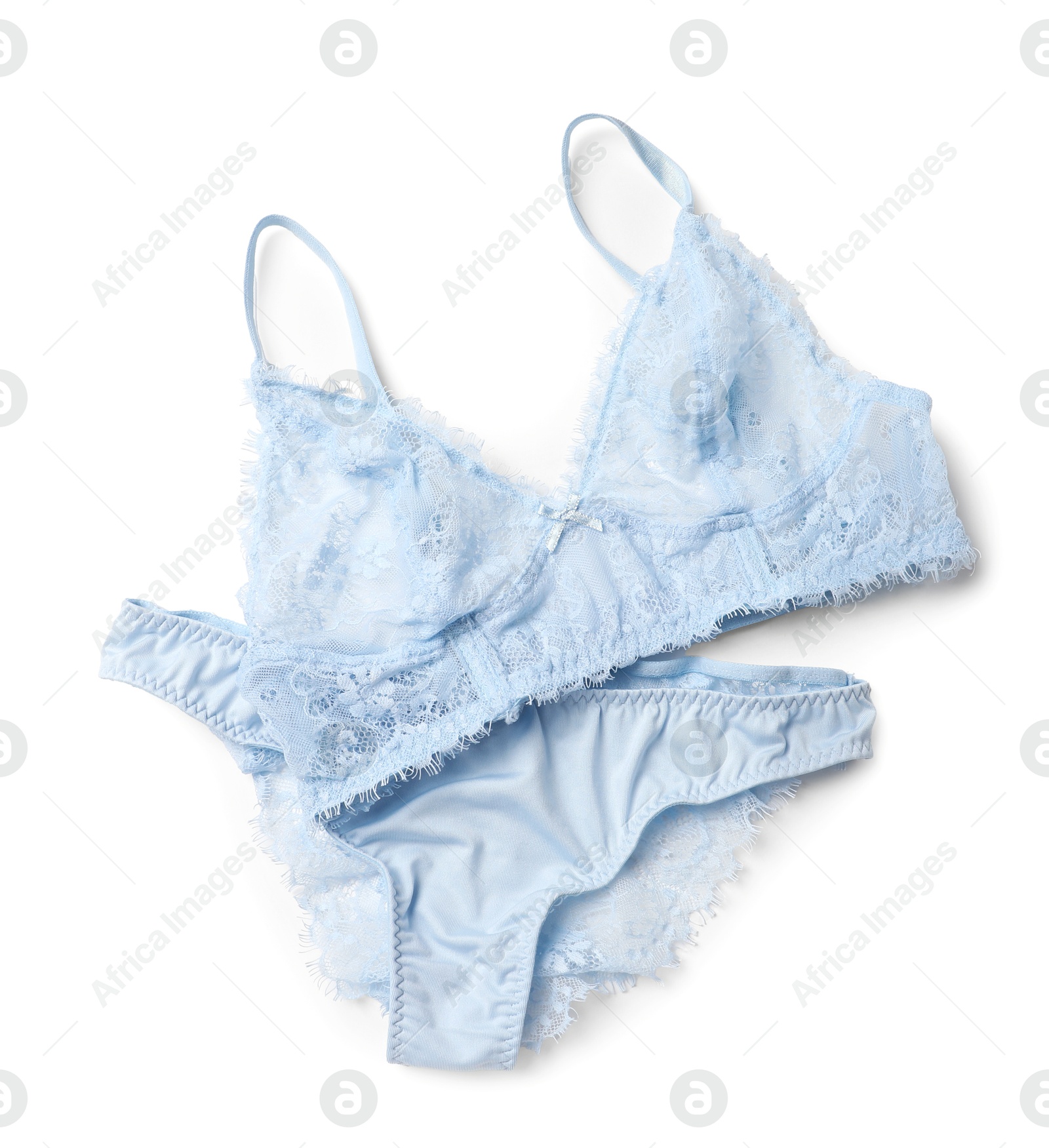 Photo of Elegant light blue lace women's underwear isolated on white, top view