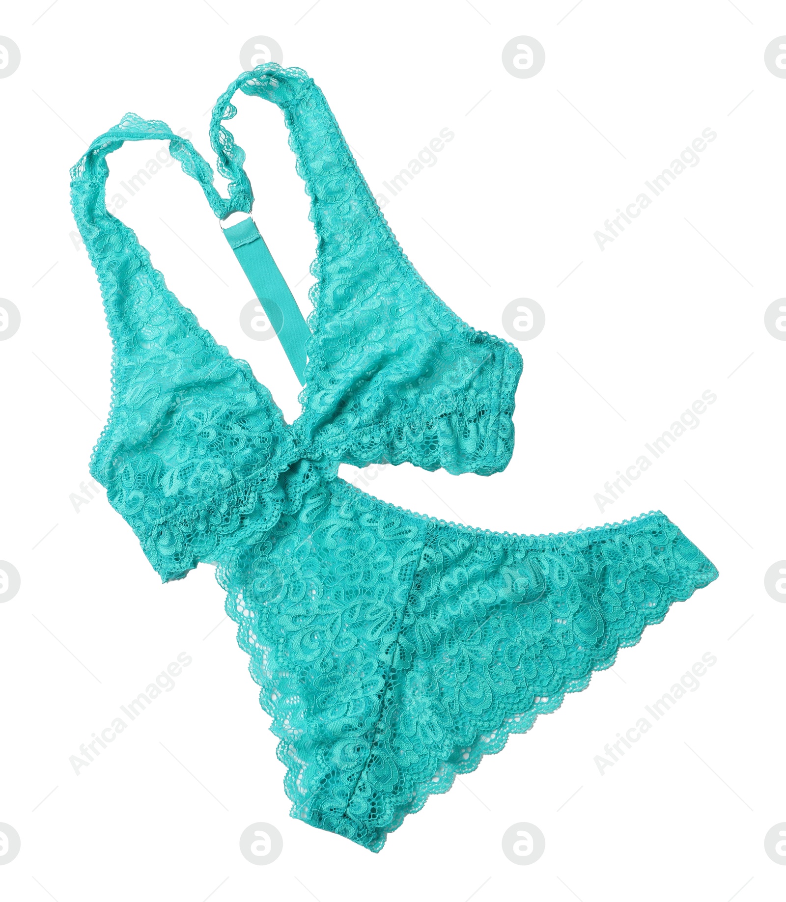 Photo of Elegant turquoise lace women's underwear isolated on white, top view