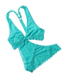 Elegant turquoise lace women's underwear isolated on white, top view