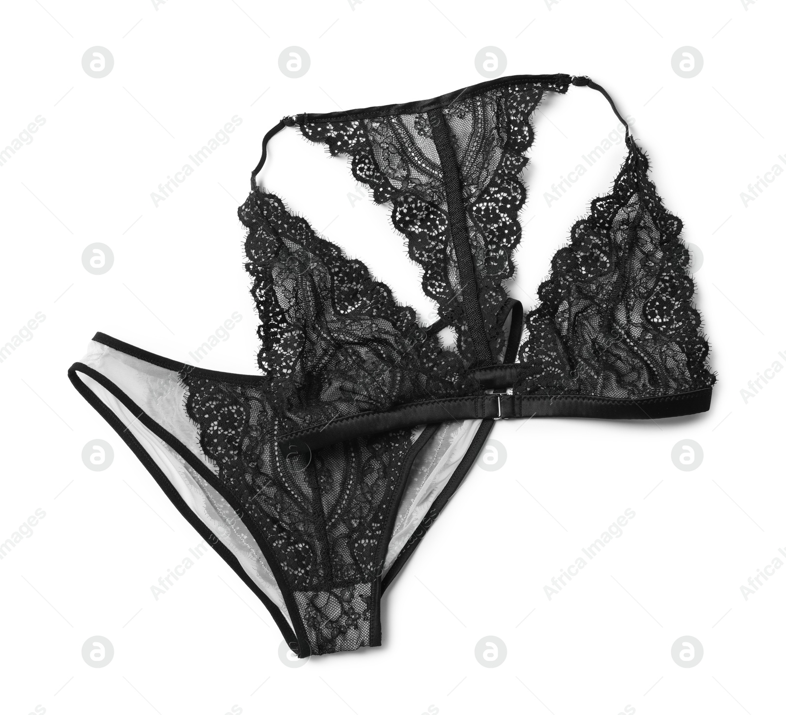 Photo of Elegant black lace women's underwear isolated on white, top view