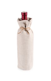 Wine bottle in burlap package isolated on white