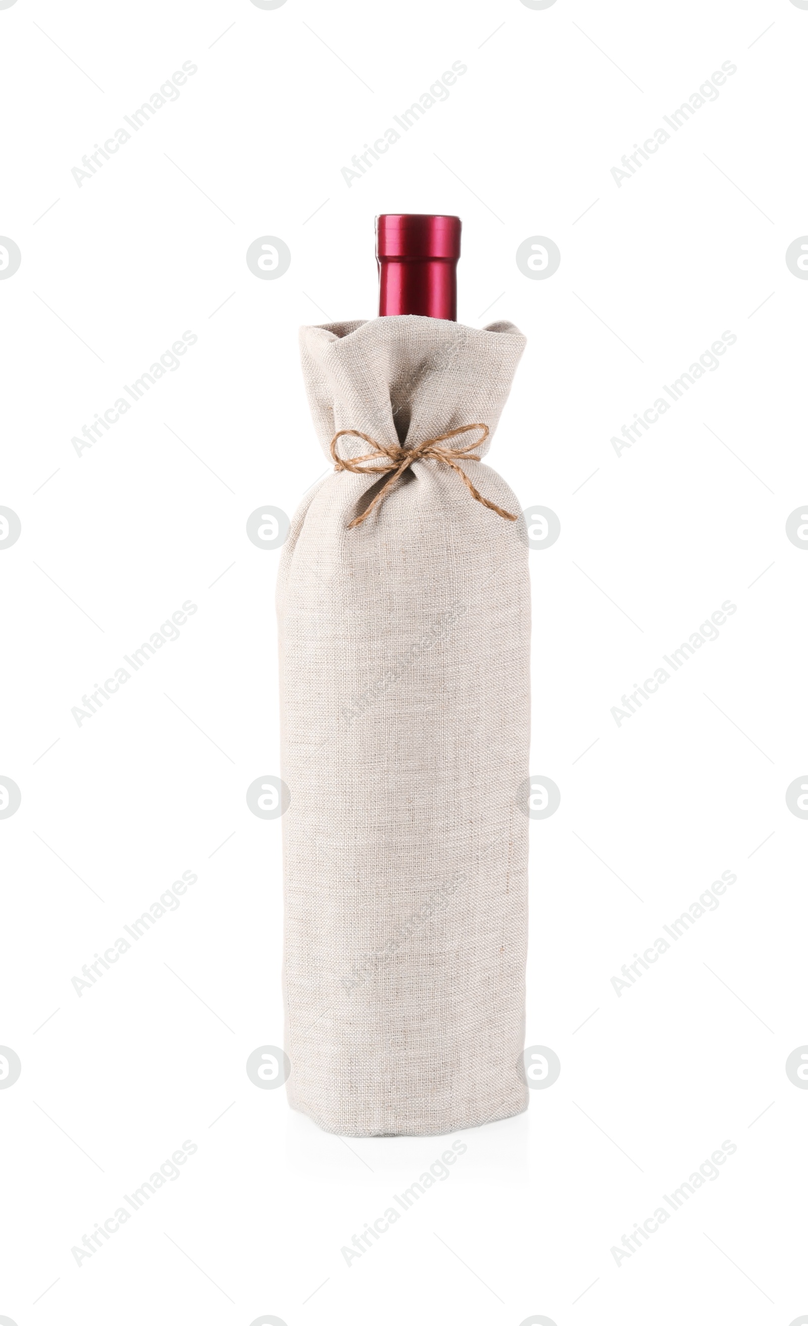 Photo of Wine bottle in burlap package isolated on white