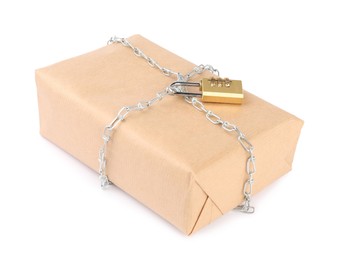 Photo of One parcel with chain and padlock isolated on white