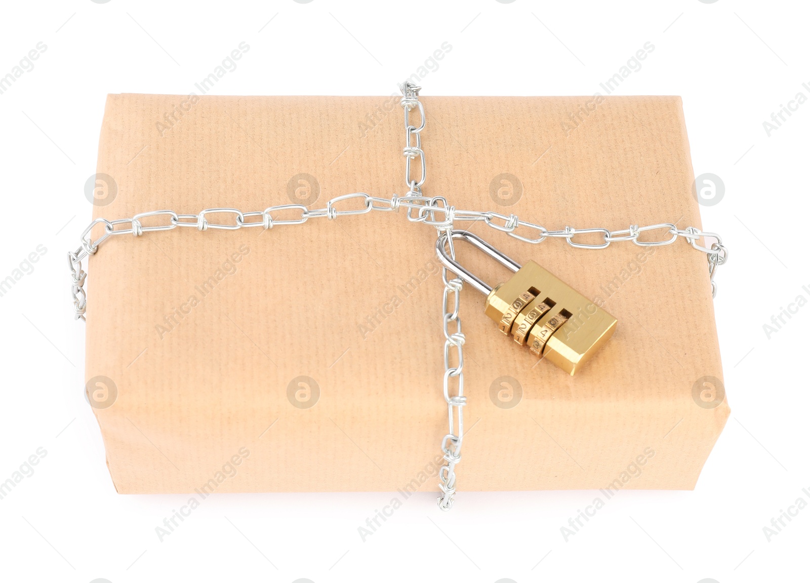 Photo of One parcel with chain and padlock isolated on white