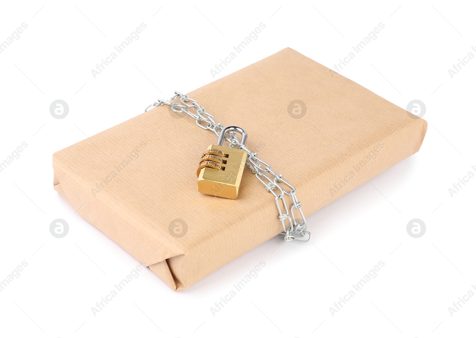 Photo of One parcel with chain and padlock isolated on white