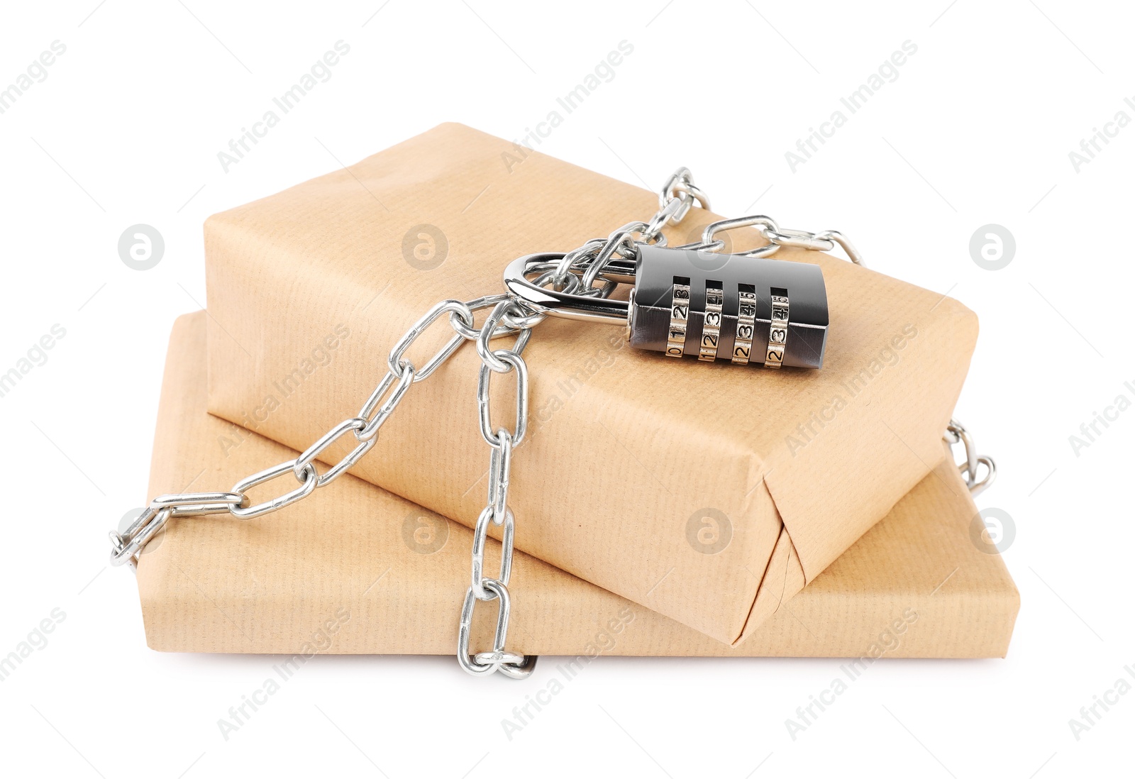 Photo of Parcels with chain and padlock isolated on white