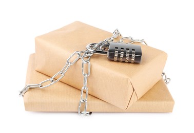 Photo of Parcels with chain and padlock isolated on white