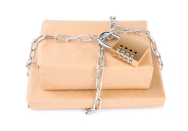 Photo of Parcels with chain and padlock isolated on white