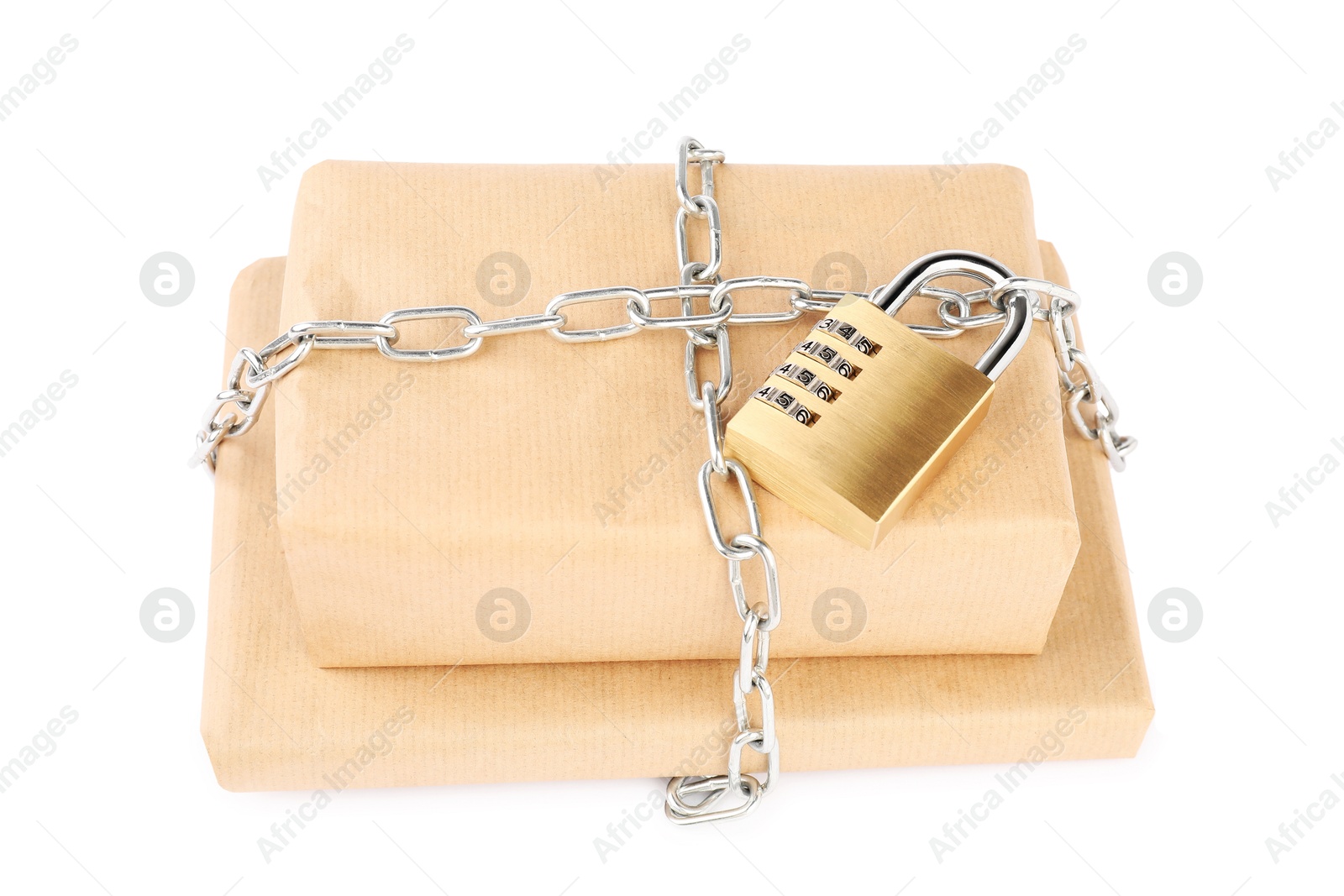 Photo of Parcels with chain and padlock isolated on white