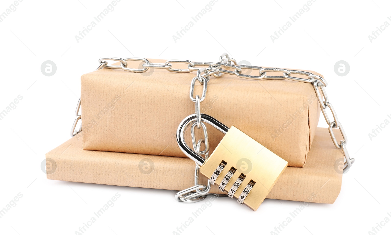 Photo of Parcels with chain and padlock isolated on white